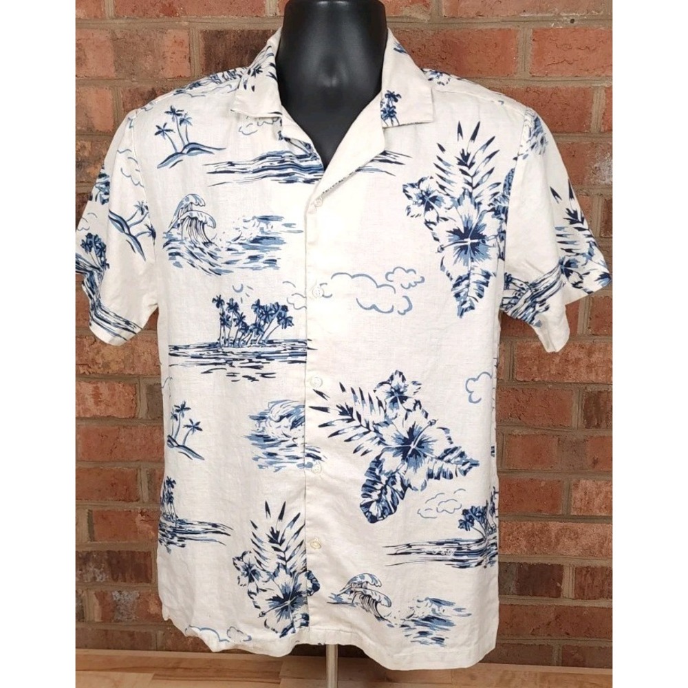 Porter & Ash Hawaiian Shirt Mens Medium 100% Linen Short Sleeve Button Up Ivory